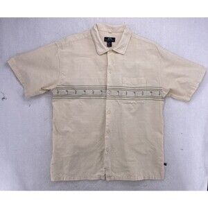 Men's Newport Blue 100% Cotton Cream Beige Tropical Palm Tree Stripe Short Sleev